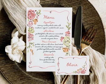 Whimsical Floral Wedding Menu And Place Card: Hand-Drawn Garden Party (Digital Download)