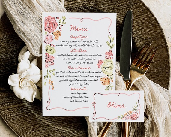 Whimsical Floral Wedding Menu And Place Card: Hand-Drawn Garden Party (Digital Download)