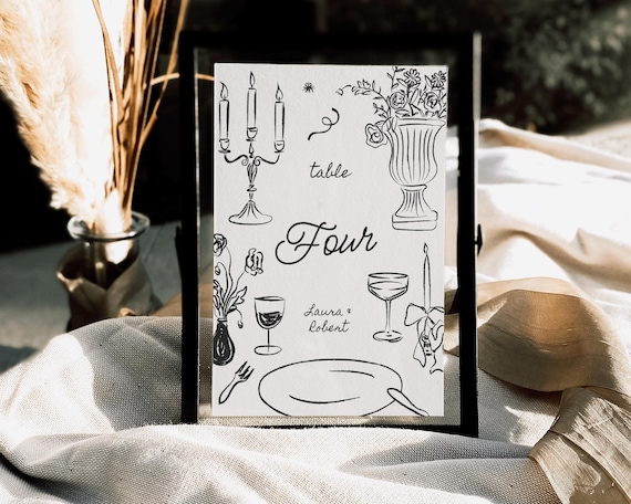 Hand-Drawn Wedding Table Number: Whimsical Dinner Illustrations (Digital Download)