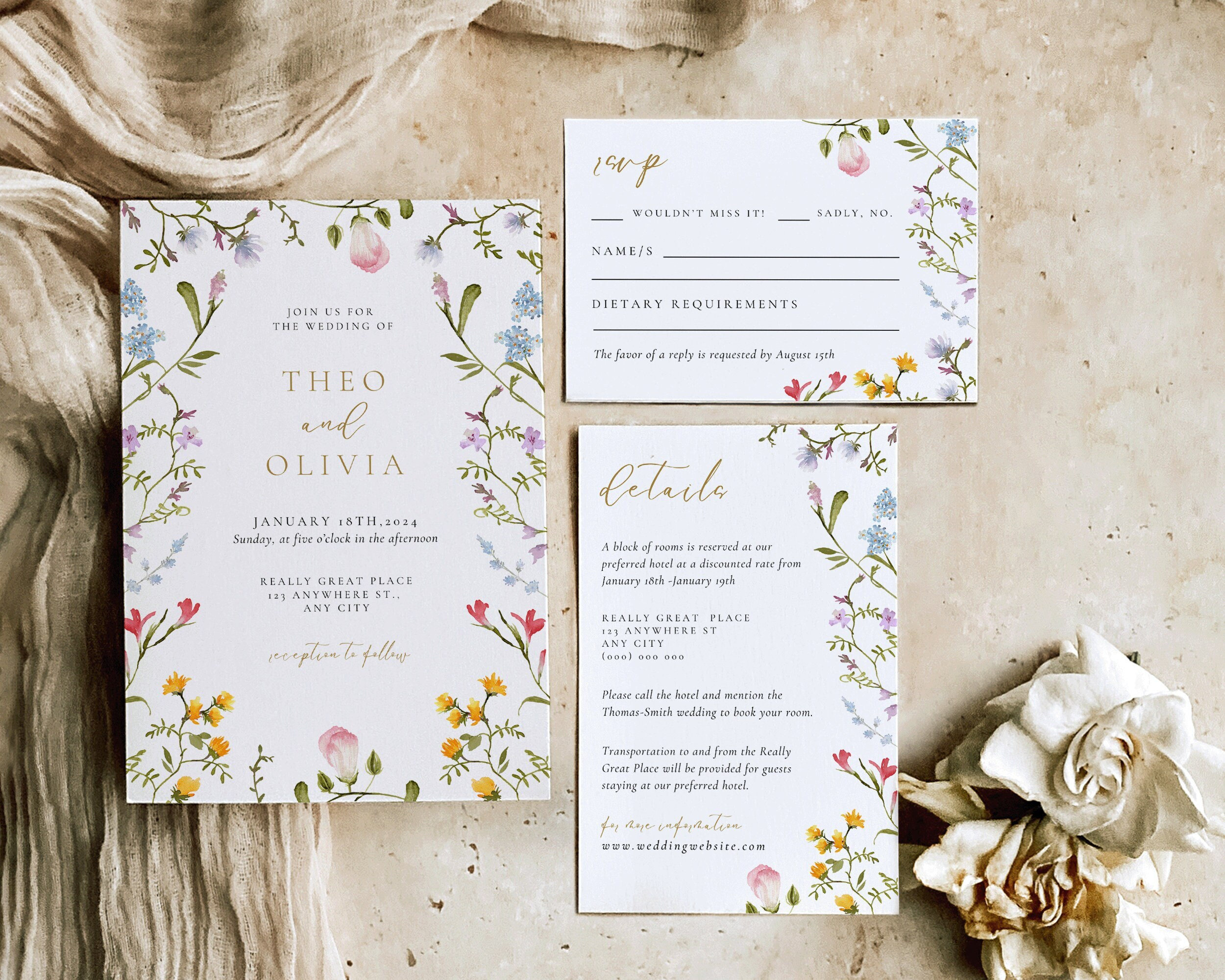 Floral Wedding Invitation Template | Printable Wildflower Wedding Invitation | Colorful Flower Wedding Invitation | Wedding Invitation Set