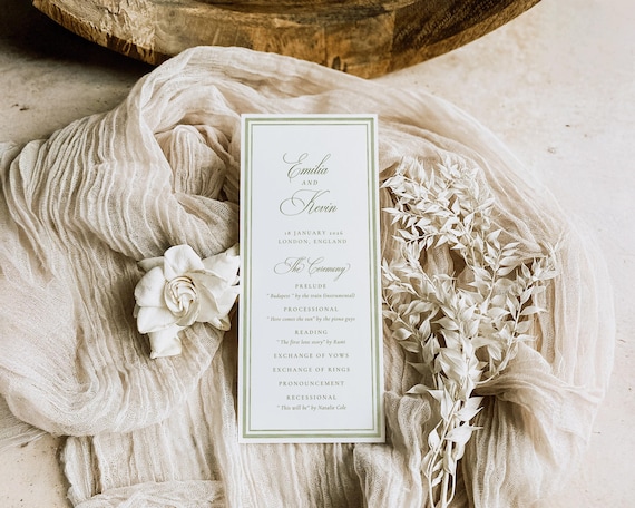 Green Watercolor Wedding Program: Elegant Classic Ceremony Itinerary Template (Digital Download)