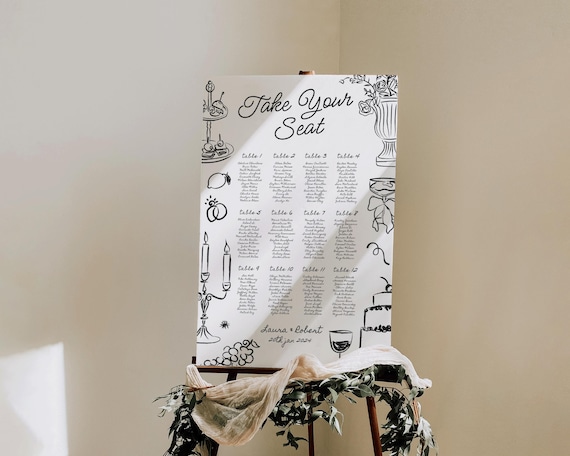 Hand Drawn Wedding Seating Chart: Whimsical Dinner Illustrations (Digital Download)