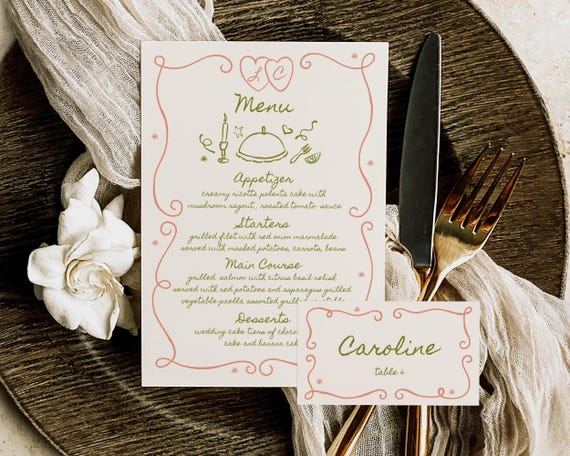 Hand-Drawn Wedding Menu And Place Card: Fun Trendy Illustration (Digital Download)
