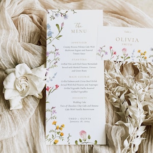 Menú de flores silvestres y plantilla de tarjeta de lugar / Plantilla de menú floral / Menú de boda / Tarjeta de lugar de flores coloridas / Tarjeta de invitado de menú / Fiesta en el jardín