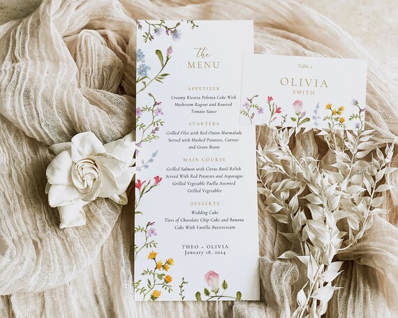 Wildflower Wedding Menu And Place Card: Colorful Floral Template (Digital Download)