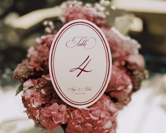 Burgundy Watercolor Wedding Oval Table Numbers: Luxury Old Money Table Cards (Digital Download)