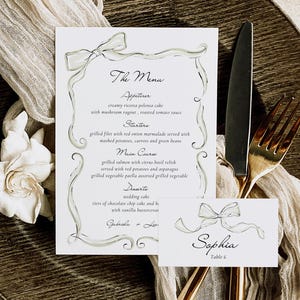 Sjabloon voor menu- en plaatskaarten | Menusjabloon groene strik | Plaatskaart | Bow Menu-gastenkaart | Trouwmenu | Feestmenu | Leuk | Lint | Eigenzinnig