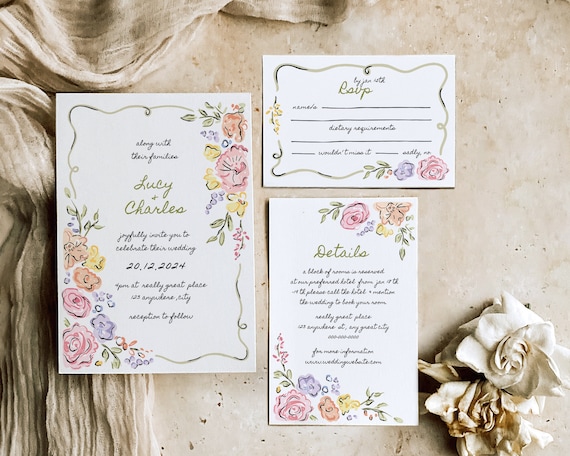 Whimsical Floral Wedding Invitation Suite: Hand-Drawn Garden Party Invite (Digital Download)