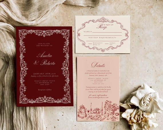 Burgundy Wedding Invitation Suite: Hand-Drawn Illustrations (Digital Download)