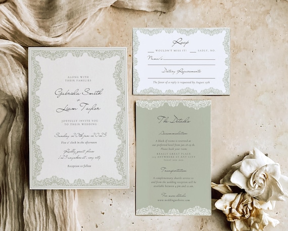 Vintage Lace Frame Wedding Invitation Template: Green Floral Invite Suite (Digital Download)