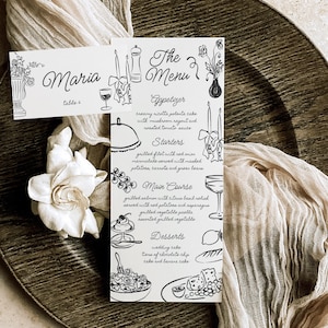 Sjabloon voor menu- en plaatskaarten | Handgetekende menusjabloon | Trouwmenu | Plaatskaart | Menugastenkaart | Illustraties | Leuk eigenzinnig handgeschreven