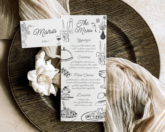 Hand-Drawn Wedding Menu And Place Card: Whimsical Dinner Illustrations (Digital Download)