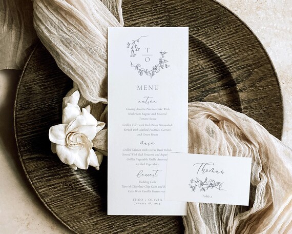 Vintage Floral Wedding Menu And Place Card: Botanical Crest (Digital Download)