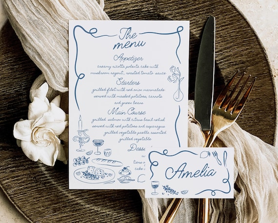 Hand-Drawn Wedding Menu And Place Card: Whimsical Illustrated Design (Digital Download)