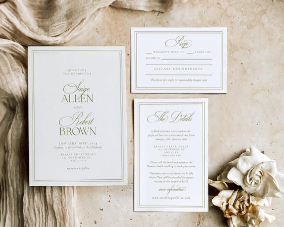 Sage Green Wedding Invitation Set: Elegant Canva Invite Suite (Digital Download)