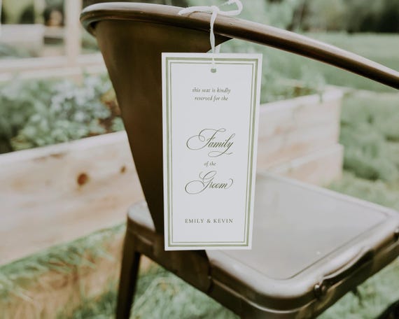 Green Watercolor Wedding Reserved Chair Tag: Elegant Classic Seat Sign Template (Digital Download)