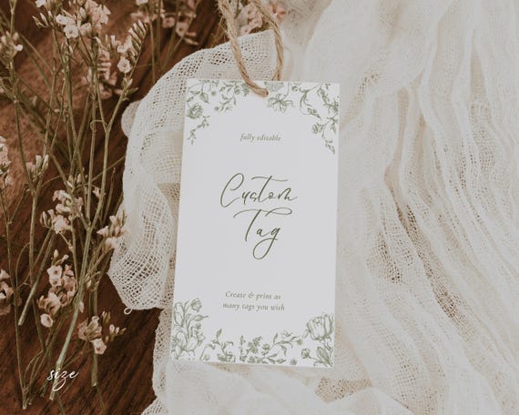 Green Floral Custom Tag Template: Toile De Jouy Wedding Favor Label (Digital Download)