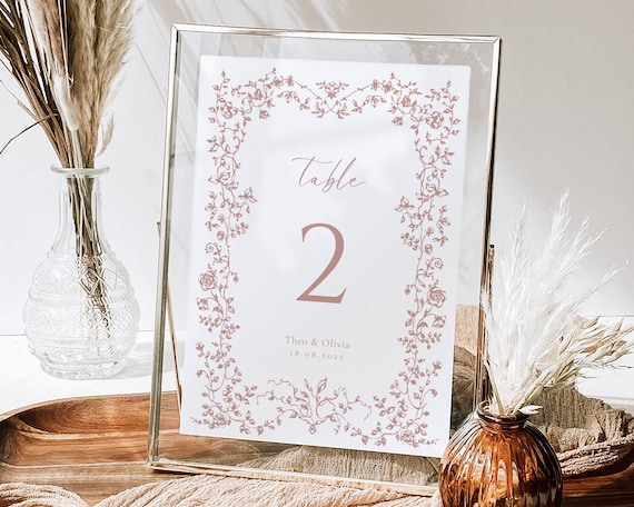 Dusty Pink Floral Wedding Table Number: Toile De Jouy (Digital Download)