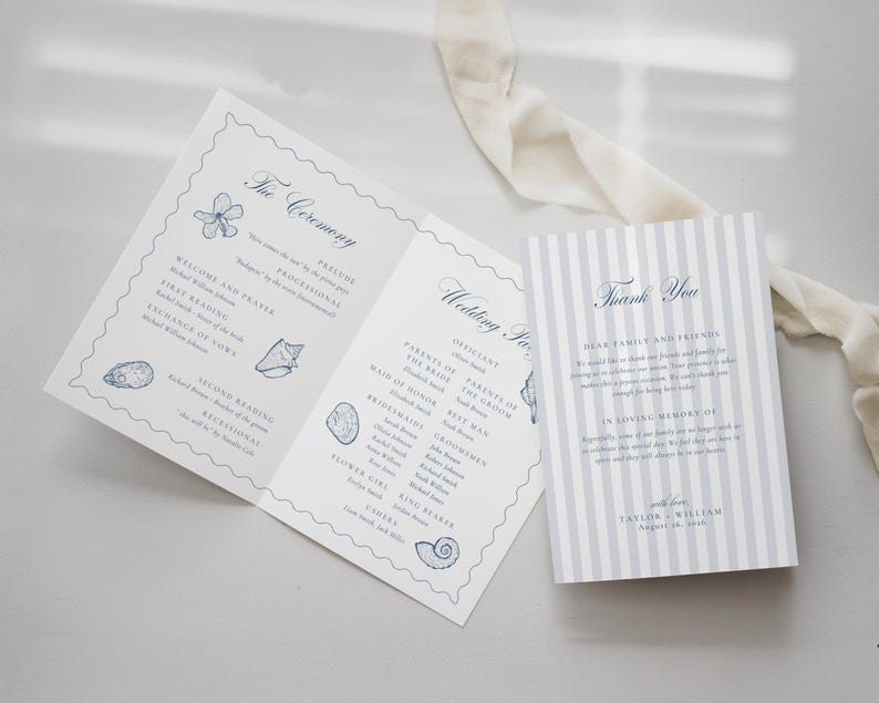 May include: A folded wedding program and a matching thank you card featuring blue text and seashell illustrations on white paper. The program lists ceremony details, while the striped thank you card includes a message from Taylor and William.