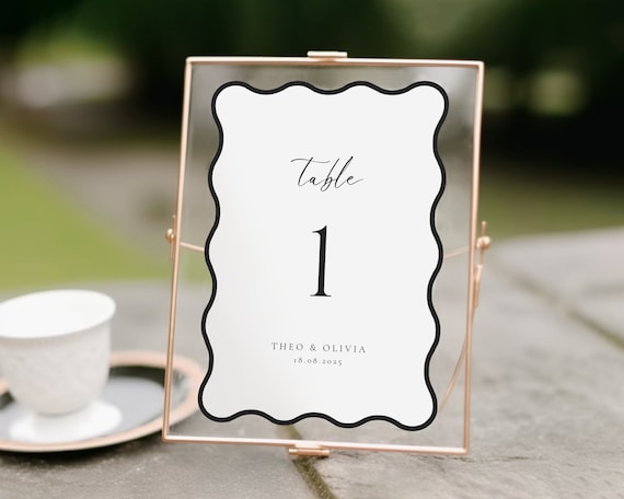 Black Wavy Edge Wedding Table Number: Minimalist Sign (Digital Download)