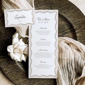 Modello di menu e segnaposto / Modello di menu curvo beige / Segnaposto / Menù per ospiti / Menù per matrimonio / Bordo smerlato / Minimalista moderno