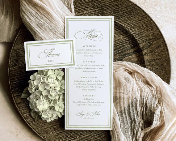 Green Watercolor Wedding Menu And Place Card: Elegant Classic Reception Template (Digital Download)