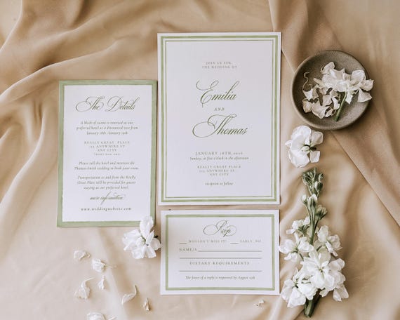 Green Watercolor Wedding Invitation Template Suite: Elegant Classic Invite Set (Digital Download)