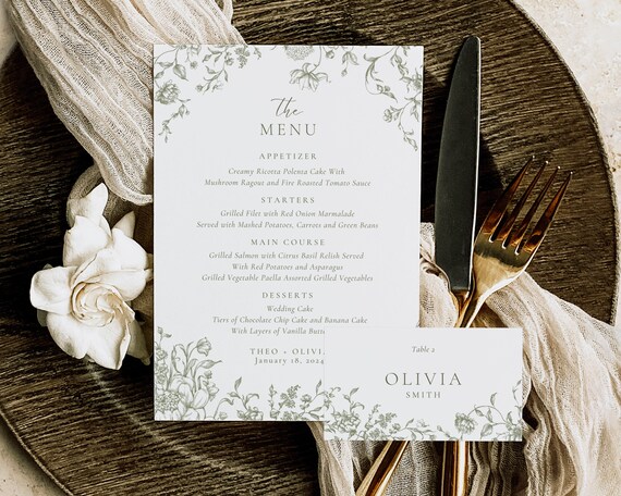Green Floral Wedding Menu And Place Card: Toile De Jouy (Digital Download)