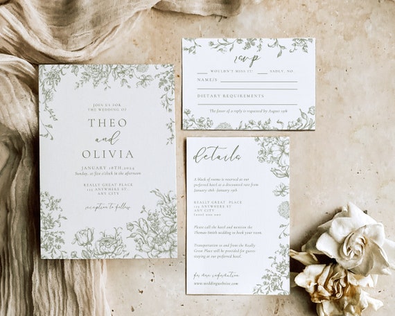 Green Floral Wedding Invitation Template: Toile De Jouy (Digital Download)