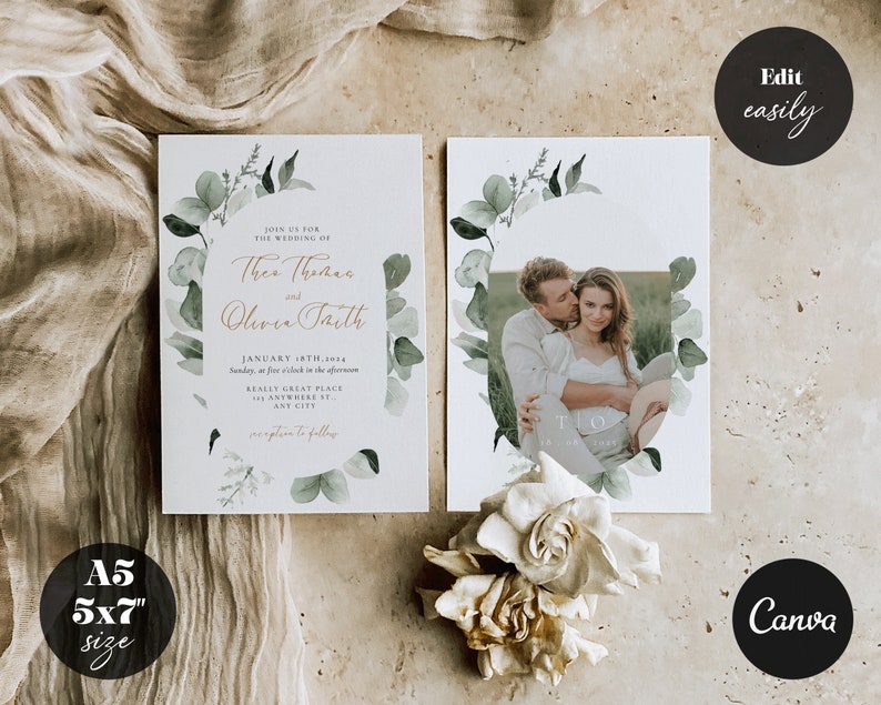 Eucalyptus Wedding Invitation Printable Wedding Invitation Greenery Wedding Invitation Boho Wedding Leaves Wedding Invitation Bundle image 2