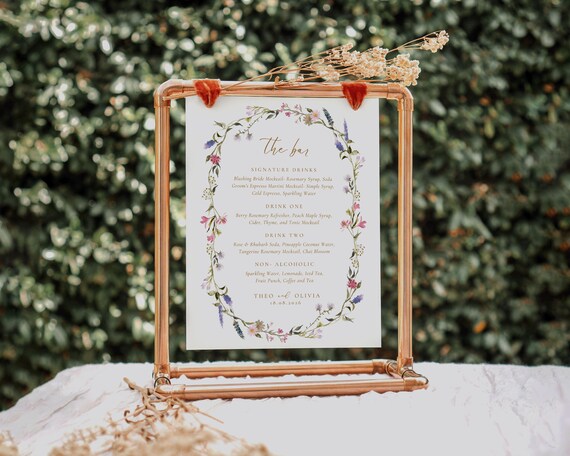 Floral Wedding Bar Menu Template: Wildflower Wreath Drink Sign (Digital Download)