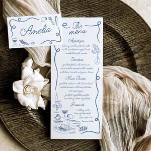 Modello di menu e segnaposto / Modello di menu disegnato a mano / Segnaposto / Menu di nozze / Stravagante / Menu di cibo per feste di nozze / Menu di biglietti per gli ospiti