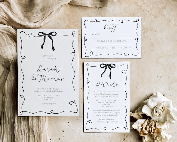 Black Bow Wedding Invitation Suite: Fun Whimsical Trendy (Digital Download)