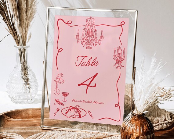 Pink Red Bridal Shower Table Number: Hand-Drawn Illustrations Sign (Digital Download)