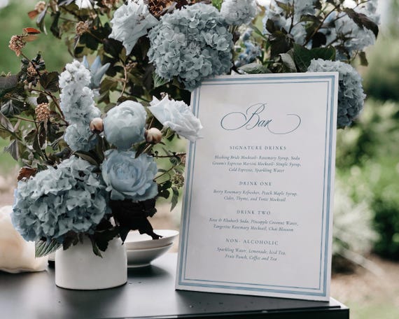 Blue Watercolor Wedding Bar Menu: Elegant Classic Drinks Sign (Digital Download)