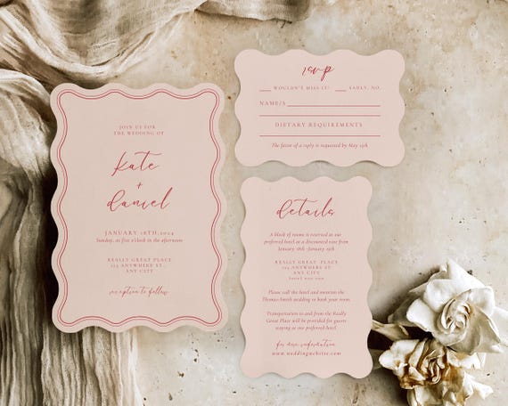 Wavy Wedding Invitation Template: Pink Scalloped Edge (Digital Download)