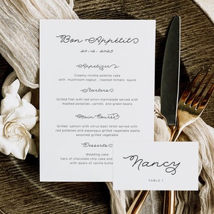 Plantilla de menú y tarjeta de ubicación / Plantilla de menú dibujada a mano / Menú de fiesta / Tarjeta de ubicación / Tarjeta de invitado al menú / Menú de boda / Fuente ondulada y rizada / Divertida