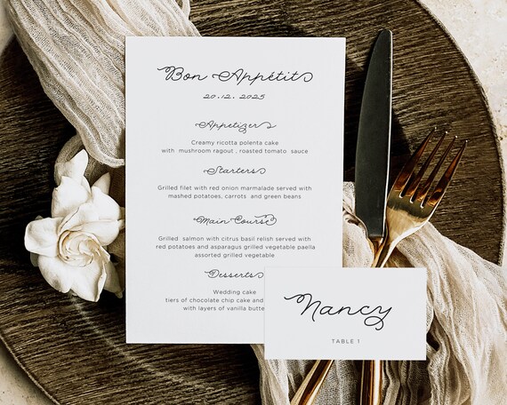 Minimalist Wedding Menu And Place Card: Cursive Font (Digital Download)