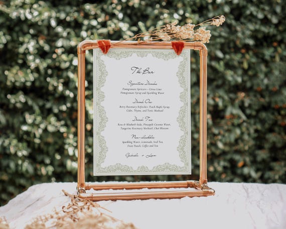Vintage Lace Frame Wedding Bar Menu: Green Floral Drinks Sign (Digital Download)