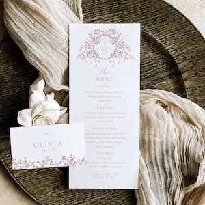Menú Dusty Rose & Plantilla de tarjeta de lugar / Plantilla de menú de rosas francesas / Toile De Jouy / Chinoiserie / Tarjeta de invitado de menú / Tarjetas de lugar