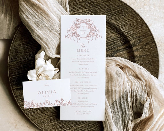 Dusty Pink Floral Wedding Menu And Place Card: Toile De Jouy (Digital Download)