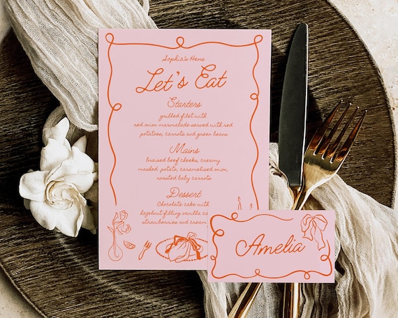 Hand-Drawn Hens Night Menu And Place Card: Whimsical Illustrations (Digital Download)