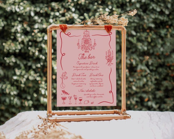 Pink Red Bridal Shower Bar Menu: Hand-Drawn Illustrations Drinks Sign (Digital Download)