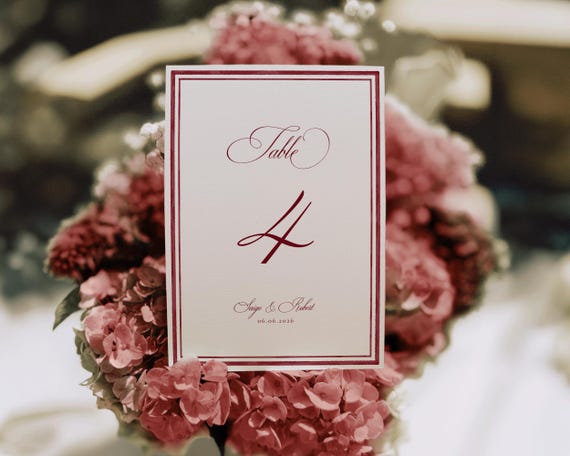Burgundy Watercolor Wedding Table Number: Luxury Old Money Sign (Digital Download)