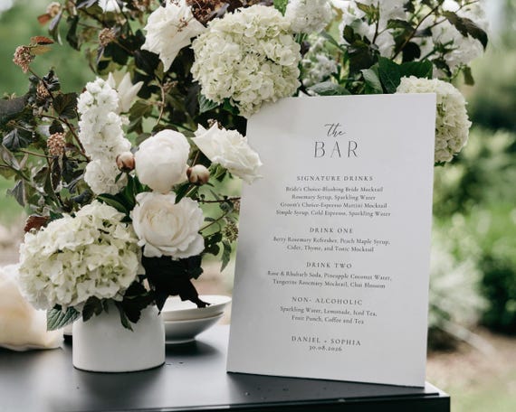 Minimalist Wedding Bar Menu Template: Modern Elegant Drink Sign (Digital Download)