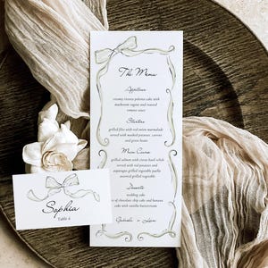 Sjabloon voor menu- en plaatskaarten | Menusjabloon groene strik | Plaatskaart boog | Menugastenkaart | Trouwmenu | Feestmenu | Eigenzinnig | Lint: