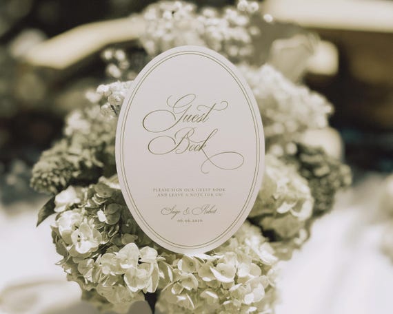 Sage Green Oval Guest Book Wedding Sign: Elegant Reception Decor (Digital Download)