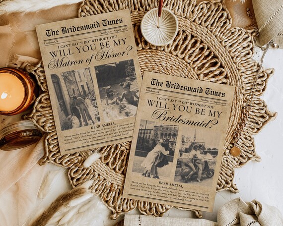 Vintage Bridesmaid Proposal Newspaper Template: Maid of Honor Card (Digital Download)