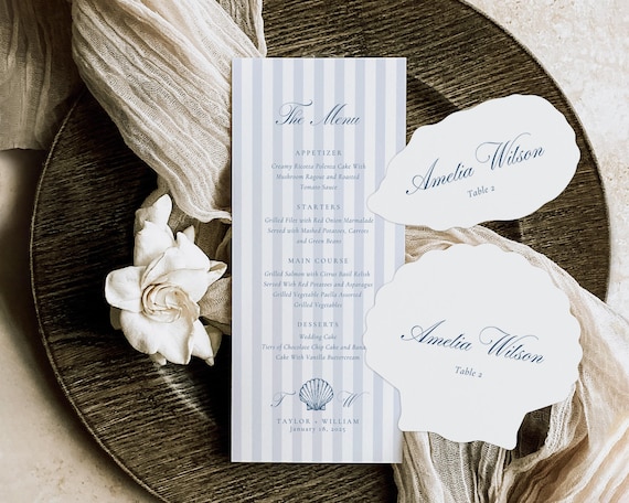 Seashell Wedding Menu And Place Card: Coastal Beach Theme (Digital Download)