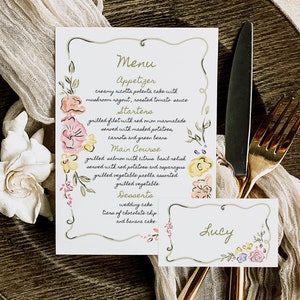 de menu et carte de marque | Modèle de menu floral | marque-places pour menu de mariage | Carte d'hôte | Dessiné à la main | Menu de fête | Menu Garden-Party